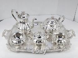 OLD SHEFFIELD PLATE ENGLAND SILVER COFFEE TEA SET BUTLER TRAY 6 pc CHRYSANTHENUM