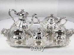 OLD SHEFFIELD PLATE ENGLAND SILVER COFFEE TEA SET BUTLER TRAY 6 pc CHRYSANTHENUM