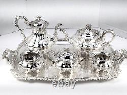 OLD SHEFFIELD PLATE ENGLAND SILVER COFFEE TEA SET BUTLER TRAY 6 pc CHRYSANTHENUM