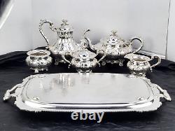 OLD SHEFFIELD PLATE ENGLAND SILVER COFFEE TEA SET BUTLER TRAY 6 pc CHRYSANTHENUM