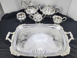 OLD SHEFFIELD PLATE ENGLAND SILVER COFFEE TEA SET BUTLER TRAY 6 pc CHRYSANTHENUM