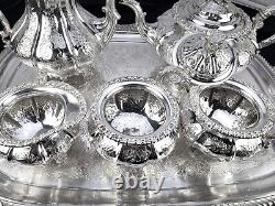 OLD SHEFFIELD PLATE ENGLAND SILVER COFFEE TEA SET BUTLER TRAY 6 pc CHRYSANTHENUM