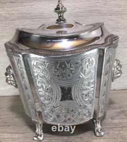 Ornate Antique Silver Plate Tea Caddy Holder Lions Heads Footed English