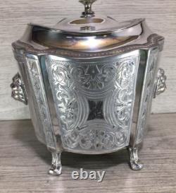 Ornate Antique Silver Plate Tea Caddy Holder Lions Heads Footed English
