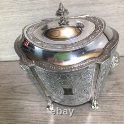 Ornate Antique Silver Plate Tea Caddy Holder Lions Heads Footed English
