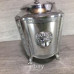 Ornate Antique Silver Plate Tea Caddy Holder Lions Heads Footed English