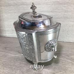 Ornate Antique Silver Plate Tea Caddy Holder Lions Heads Footed English