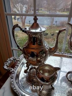 Ornate Silverplate on Copper Tea Set with Handled Crescent Tray