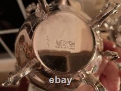 Ornate Silverplate on Copper Tea Set with Handled Crescent Tray