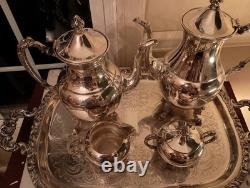 Ornate Silverplate on Copper Tea Set with Handled Crescent Tray