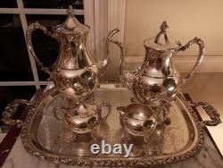 Ornate Silverplate on Copper Tea Set with Handled Crescent Tray
