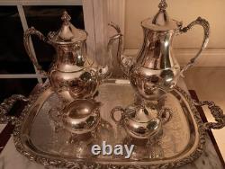 Ornate Silverplate on Copper Tea Set with Handled Crescent Tray