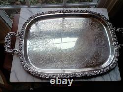Ornate Silverplate on Copper Tea Set with Handled Crescent Tray