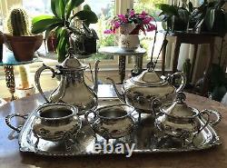 PORTSMOUTH-HOLLOWWARE ROPE EDGE-TRAY AND COFFEE, TEA Set 6 Pieces. Gorgeous