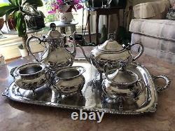 PORTSMOUTH-HOLLOWWARE ROPE EDGE-TRAY AND COFFEE, TEA Set 6 Pieces. Gorgeous