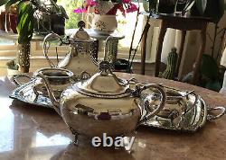 PORTSMOUTH-HOLLOWWARE ROPE EDGE-TRAY AND COFFEE, TEA Set 6 Pieces. Gorgeous