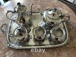 PORTSMOUTH-HOLLOWWARE ROPE EDGE-TRAY AND COFFEE, TEA Set 6 Pieces. Gorgeous