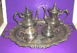 Poole Silver Plate Coffee/Tea Set #5000 Tray Pots Sugar Creamer EPCA Old English