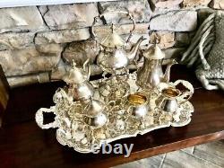 RARE ANTIQUE INTERNATIONAL SILVER PLATED 7 PC. COFFEE, TEA SET WithTRAY