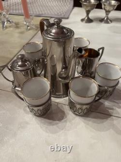 RARE ART DECO Manning Bowman Meriden Silverplate Tea Set 6 Espresso Cups Holders