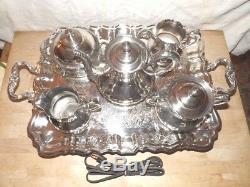 Rare Antique 6 Pc Tea Set W / Butter Dish & Large Heated Butlers Tray