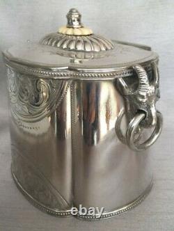 Rare Antique Ram's Head Ring Handles Tea Caddy Sheffield Silver Plate Hinged Lid