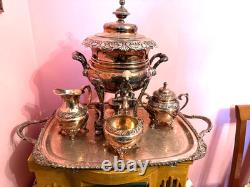 Rare Antique Rogers Silver Plate Tea Set 5pcs Kettle Warmer Pot Cream Sugar Tray