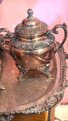 Rare Antique Rogers Silver Plate Tea Set 5pcs Kettle Warmer Pot Cream Sugar Tray
