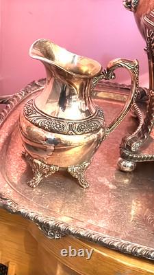 Rare Antique Rogers Silver Plate Tea Set 5pcs Kettle Warmer Pot Cream Sugar Tray