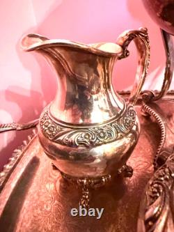Rare Antique Rogers Silver Plate Tea Set 5pcs Kettle Warmer Pot Cream Sugar Tray