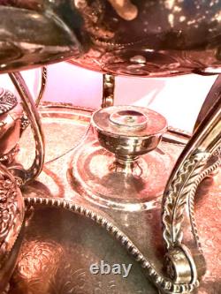 Rare Antique Rogers Silver Plate Tea Set 5pcs Kettle Warmer Pot Cream Sugar Tray