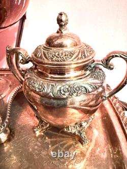 Rare Antique Rogers Silver Plate Tea Set 5pcs Kettle Warmer Pot Cream Sugar Tray