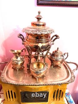 Rare Antique Rogers Silver Plate Tea Set 5pcs Kettle Warmer Pot Cream Sugar Tray