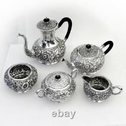 Repousse Floral Five Piece Tea Coffee Set Silverplate EGWS