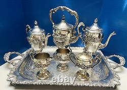 Rococo Antique Silver on Copper Tea Set 3 Pots 2 Sugars Creamer Tray 1880s