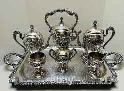 Rococo Antique Silver on Copper Tea Set 3 Pots 2 Sugars Creamer Tray 1880s