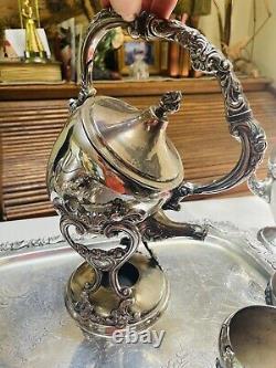 Rococo Antique Silver on Copper Tea Set 3 Pots 2 Sugars Creamer Tray 1880s