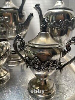 Rococo Antique Silver on Copper Tea Set 3 Pots 2 Sugars Creamer Tray 1880s