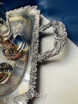 Rococo Antique Silver on Copper Tea Set 3 Pots 2 Sugars Creamer Tray 1880s
