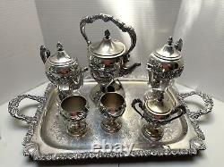 Rococo Antique Silver on Copper Tea Set 3 Pots 2 Sugars Creamer Tray 1880s