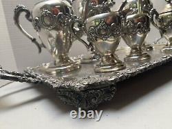 Rococo Antique Silver on Copper Tea Set 3 Pots 2 Sugars Creamer Tray 1880s