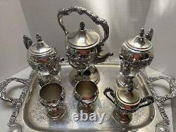 Rococo Antique Silver on Copper Tea Set 3 Pots 2 Sugars Creamer Tray 1880s