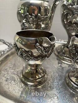 Rococo Antique Silver on Copper Tea Set 3 Pots 2 Sugars Creamer Tray 1880s
