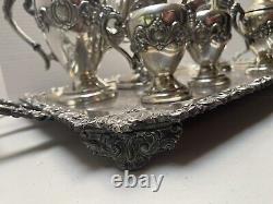 Rococo Antique Silver on Copper Tea Set 3 Pots 2 Sugars Creamer Tray 1880s