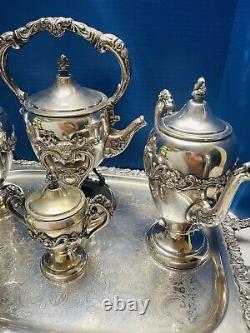 Rococo Antique Silver on Copper Tea Set 3 Pots 2 Sugars Creamer Tray 1880s