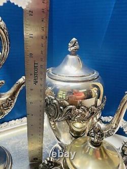 Rococo Antique Silver on Copper Tea Set 3 Pots 2 Sugars Creamer Tray 1880s