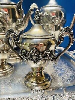 Rococo Antique Silver on Copper Tea Set 3 Pots 2 Sugars Creamer Tray 1880s