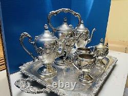 Rococo Antique Silver on Copper Tea Set 3 Pots 2 Sugars Creamer Tray 1880s