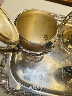 Rococo Antique Silver on Copper Tea Set 3 Pots 2 Sugars Creamer Tray 1880s