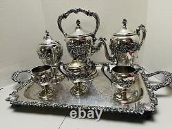 Rococo Antique Silver on Copper Tea Set 3 Pots 2 Sugars Creamer Tray 1880s